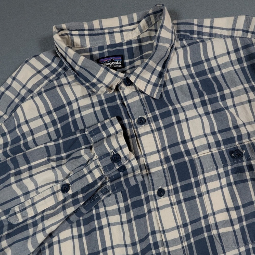 Patagonia Plaid Flannel Shirt Mens XXL Blue White Organic Cotton Button Down